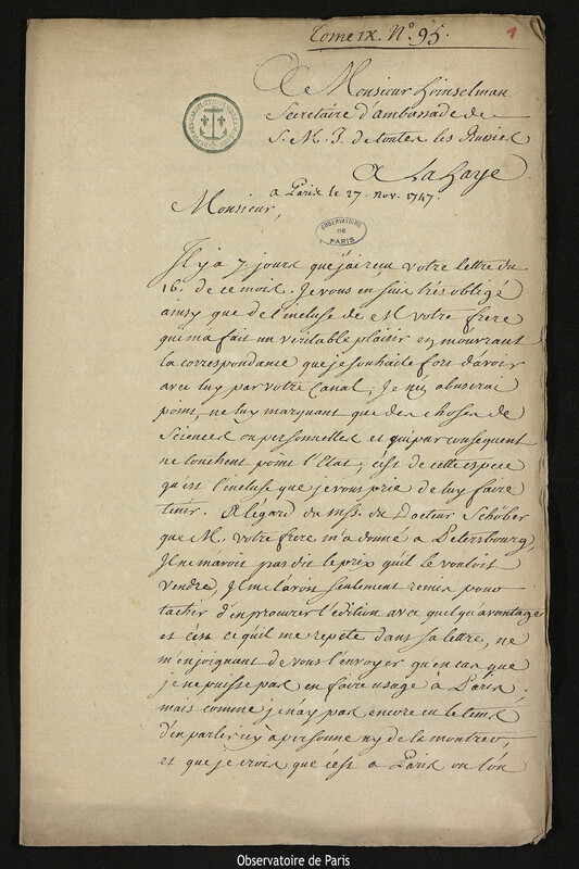 Lettre de Joseph-Nicolas Delisle à Heinzelman, Paris, 27 novembre 1747