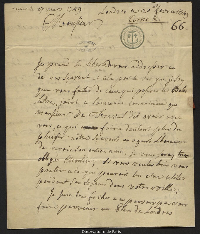 Lettre de John Rocque à Joseph-Nicolas Delisle, Londres, 20 février 1749