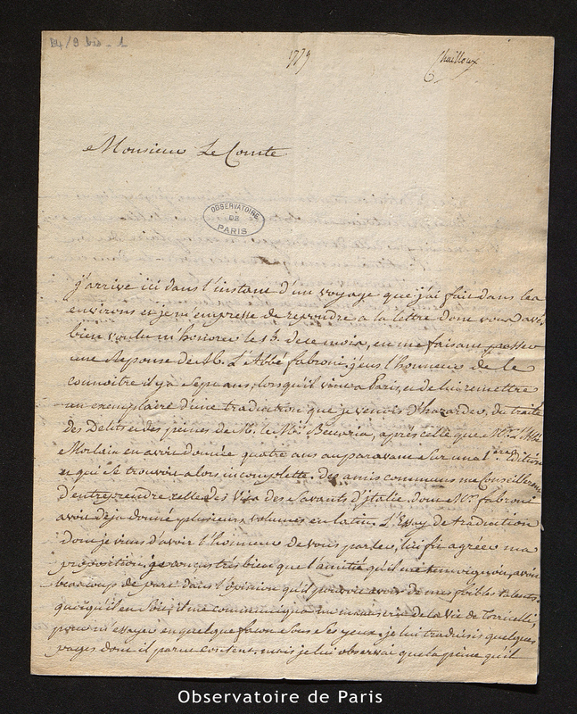 Lettre de Chaillou à M. le Comte [de Cassini], Etampes le 24 septembre 1779