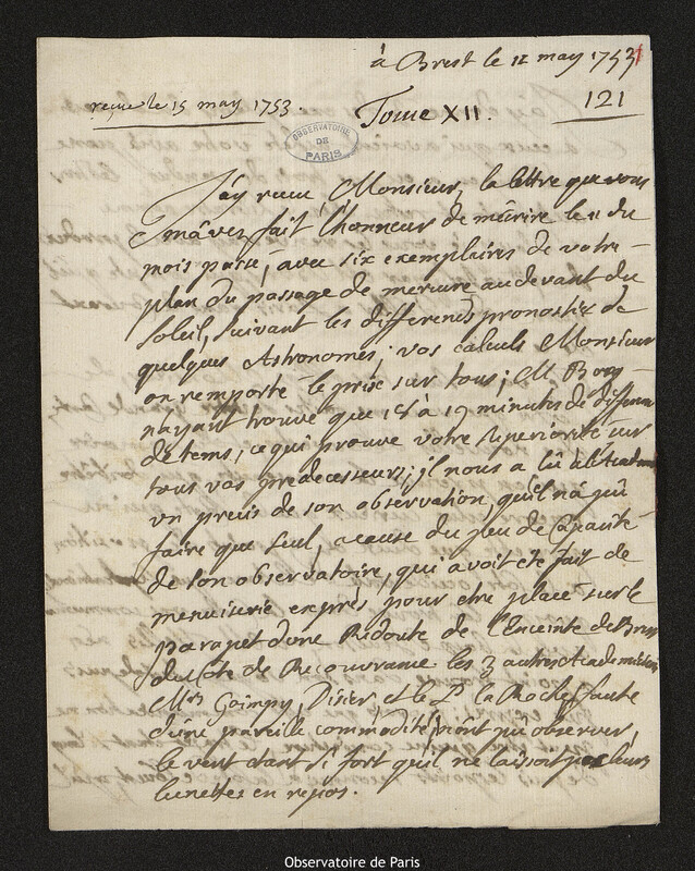 Lettre de Amédée Frezier à Joseph-Nicolas Delisle, Brest, 11 mai 1753