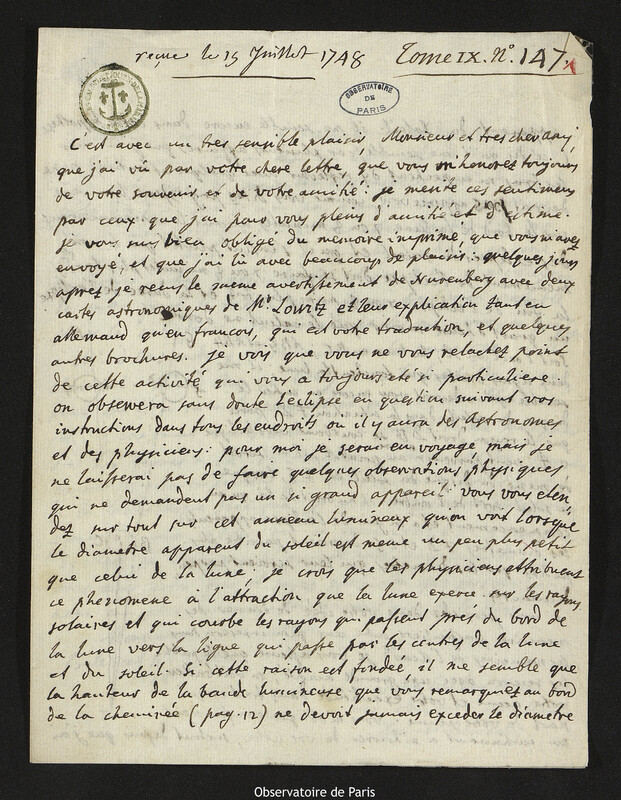 Lettre de Daniel Bernoulli à Joseph-Nicolas Delisle, Bâle, 11 juillet 1748