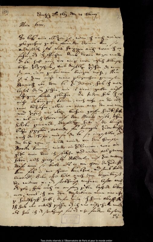 Lettre de Jan Heweliusz à un destinataire non identifié, Gdansk, 14 février 1679