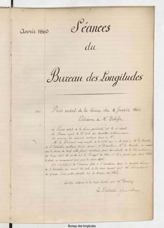 Registre de copies des procès-verbaux avec annexes du Bureau des longitudes (1860-1867)