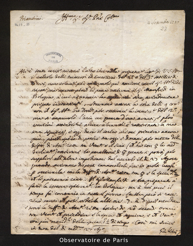 Lettre de Francesco Bianchini, Rome le 11 septembre 1727