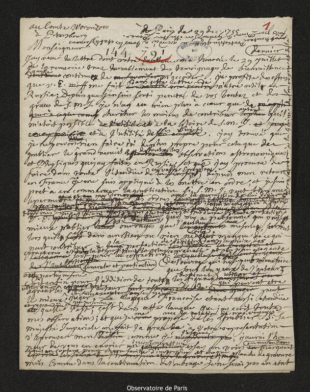 Lettre de Joseph-Nicolas Delisle à Mikhaïl Illarionovitch Vorontsov, Paris, 29 décembre 1755