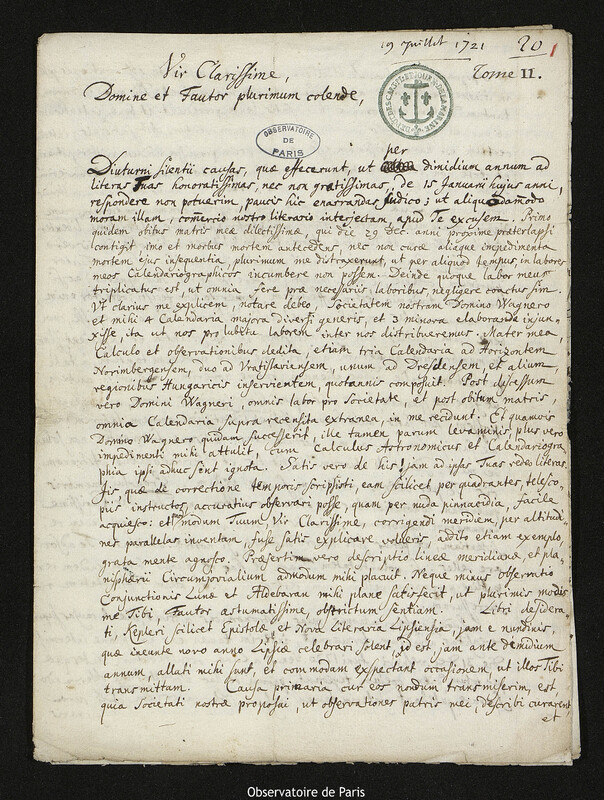 Lettre de Christfried Kirch à Joseph-Nicolas Delisle, Berlin, 19 juillet 1721