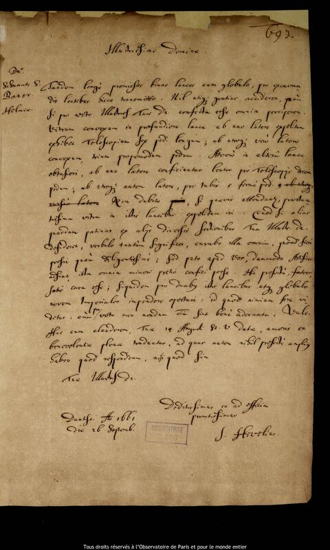 Lettre de Jan Heweliusz à Svante Svantesson Banér, Gdansk, 26 septembre 1661