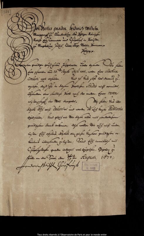 Lettre de Frédéric-Guillaume (électeur de Brandebourg) à Jan Heweliusz, Berlin, 15 août 1673