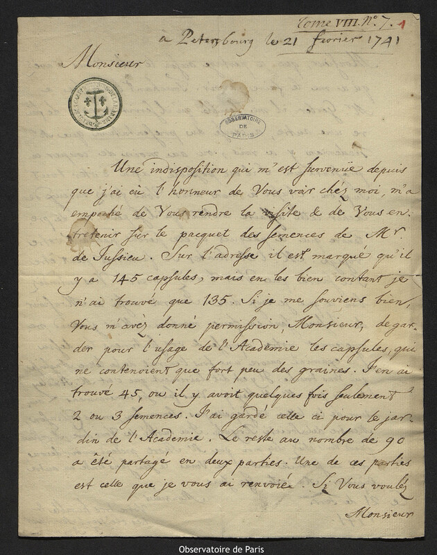 Lettre de Johann Amman à Joseph-Nicolas Delisle, Saint-Pétersbourg, 21 février 1741