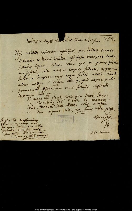 Lettre de Joachim Pastorius à Jan Heweliusz, Gdansk, 1 mai 1660 - 31 décembre 1662