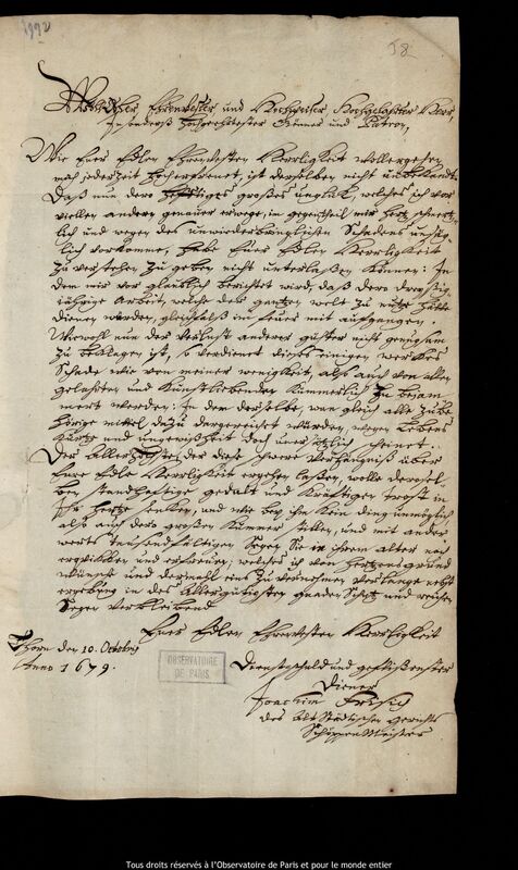 Lettre de Joachim Frisich à Jan Heweliusz, Torun, 10 octobre 1670