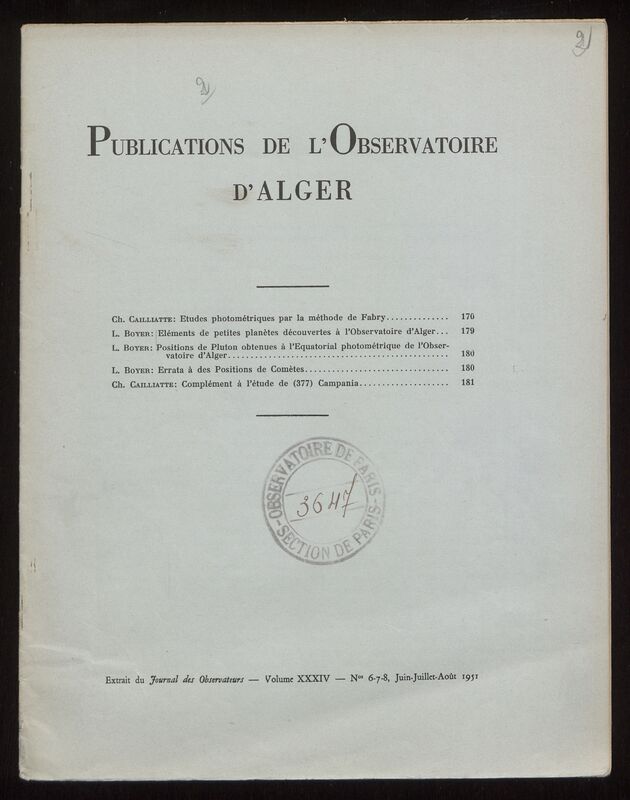 (1951_6_7_8) Travaux de l'Observatoire d'Alger