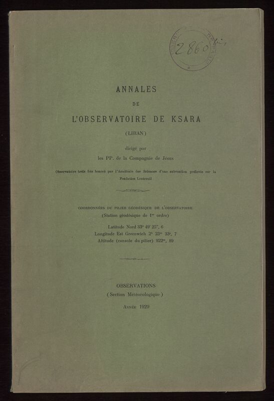 (1929) Annales de l'Observatoire de Ksara (Liban). Observations (Section Météorologique)