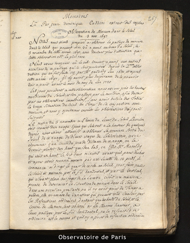 CASSINI I. Observations de Mercure dans le Soleil du 3 nov. 1697