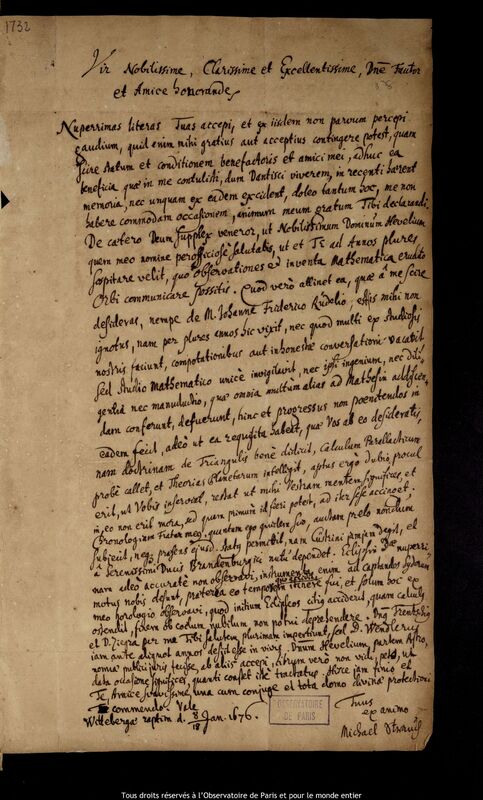 Lettre de Michael Strauch à Jan Heweliusz, Wittenberg, 8 janvier 1676