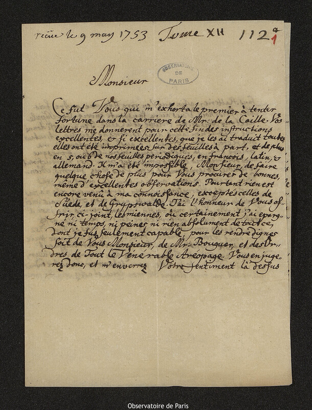 Lettre de Georg Matthias Bose à Joseph-Nicolas Delisle, Wittenberg, 21 décembre 1752