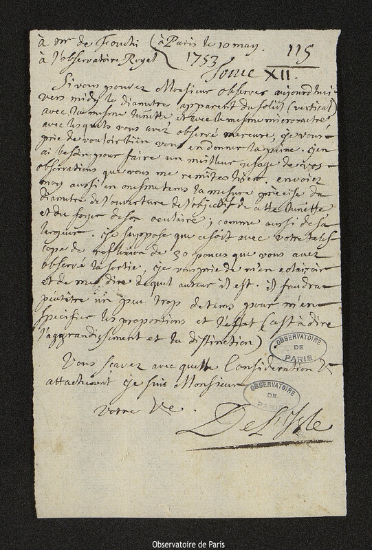 Lettre de Joseph-Nicolas Delisle à Jean-Paul Grandjean de Fouchy, Paris, 10 mai 1753