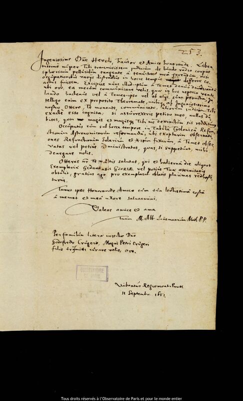 Lettre d'Albert Linemann à Jan Heweliusz, Kaliningrad, 11 septembre 1651