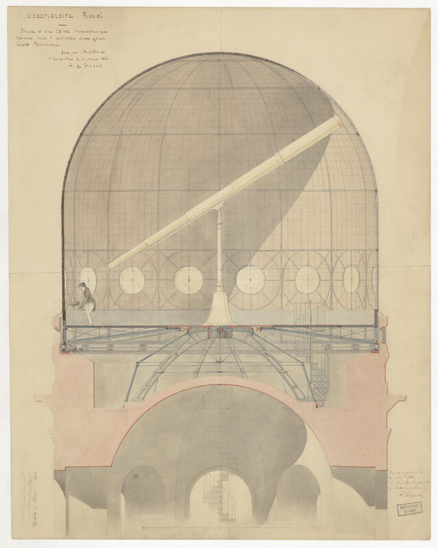 Observatoire de Paris : Série de plans pour l'aménagement d'une calotte hémisphérique tournante [coupole] pour l'installation d'une grande lunette parallactique au sommet de la tour Est (titre forgé) / [3 images]