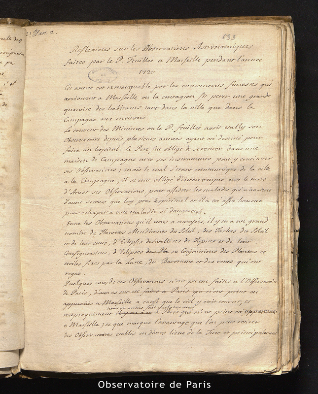 CASSINI II. Réflexions sur les observations astronomiques faites par le P. Feuillée à Marseille pendant l'année 1720