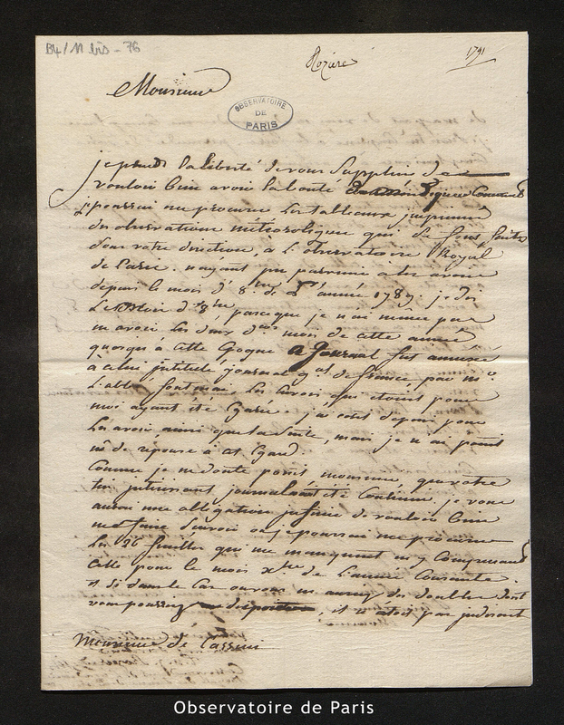 Lettre de M. De Rozières à Monsieur le Comte [de Cassini], [Valence] le 15 septembre 1791