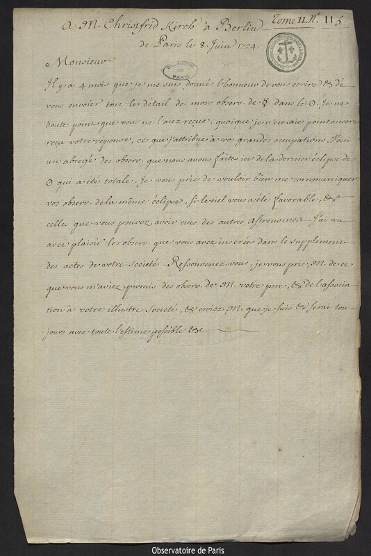 Lettre de Joseph-Nicolas Delisle à Christfried Kirch, Paris, 8 juin 1724