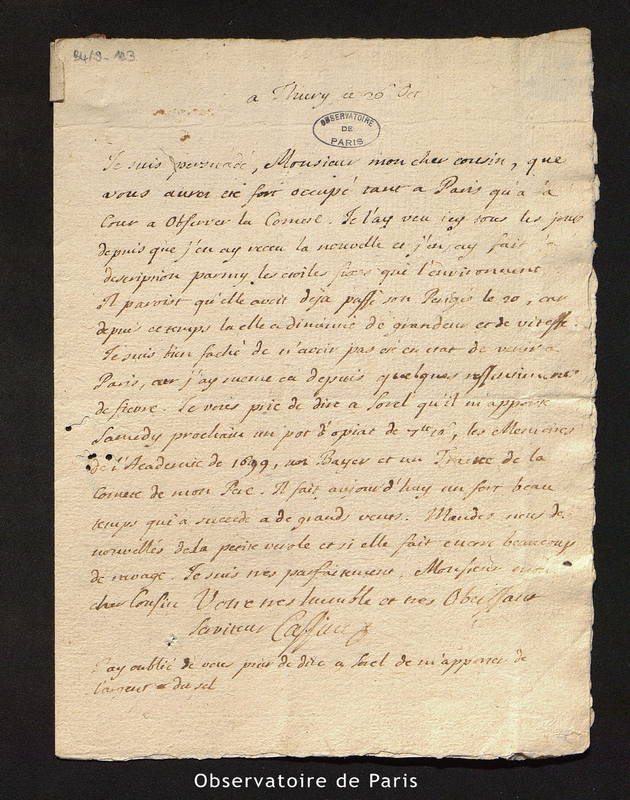 Lettre de Cassini II à Maraldi, Thury le 26 octobre [1723]