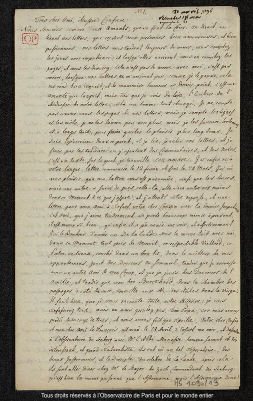 Lettre du baron Franz Xaver von Zach à Joseph Jérôme Le françois de Lalande [Gotha], 21 avril 1796