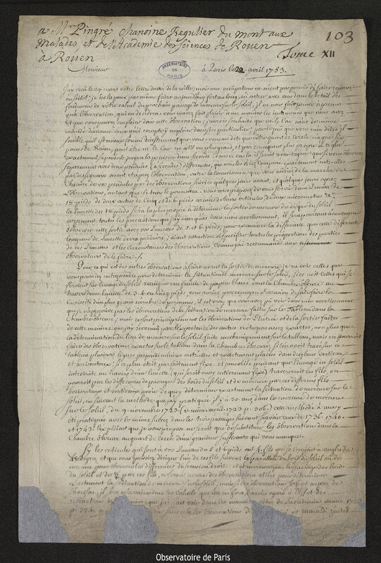 Lettre de Joseph-Nicolas Delisle à Alexandre-Gui Pingré, Paris, 22 avril 1753