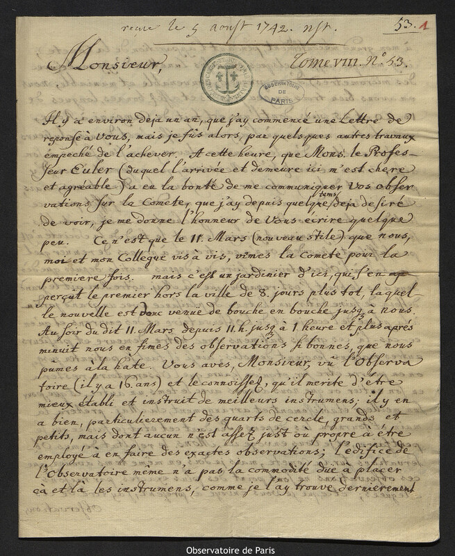 Lettre de Johann Wilhelm Wagner à Joseph-Nicolas Delisle, Berlin, 24 juillet 1742