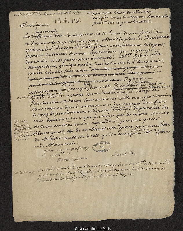 Lettre de Joseph-Nicolas Delisle à Paul d'Albert de Luynes, 14 mai 1760