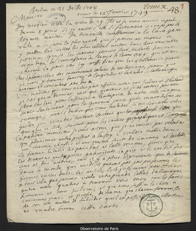 Lettre de comte Samuel de Schmettau à Joseph-Nicolas Delisle, Berlin, 21 décembre 1748