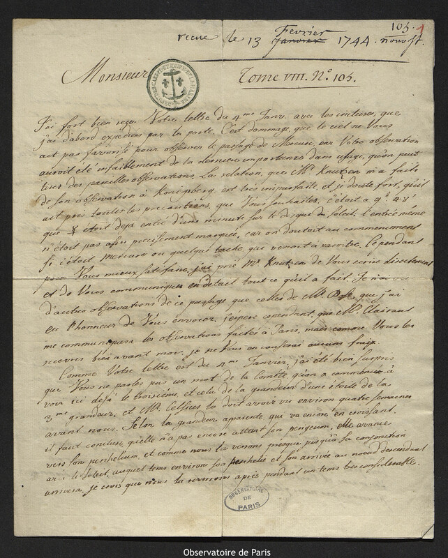 Lettre de Leonhard Euler à Joseph-Nicolas Delisle, Berlin, 1 février 1744