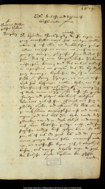 Lettre de Jan Heweliusz à Gertrud Möller, Gdansk, 30 novembre 1665