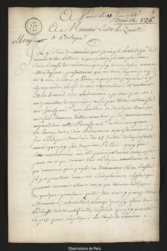 Lettre de Joseph-Nicolas Delisle à Eustachio Zanotti, Paris, 21 juin 1748