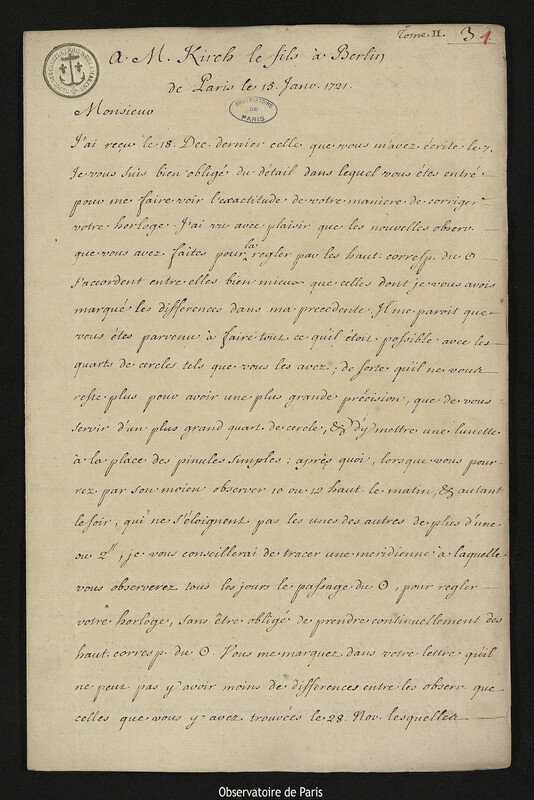 Lettre de Joseph-Nicolas Delisle à Christfried Kirch, Paris, 15 janvier 1721