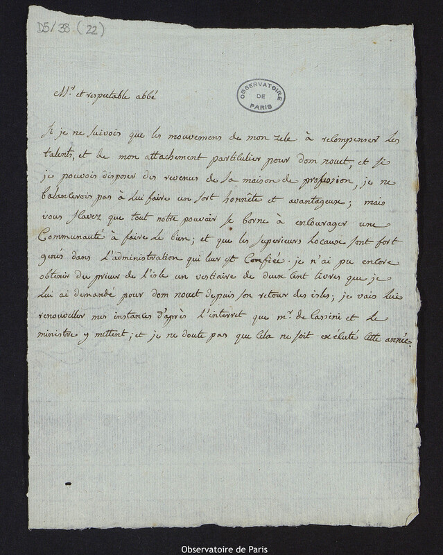 Copie d'une lettre de Cassini IV à M. L'abbé de Morimond, en [1788]