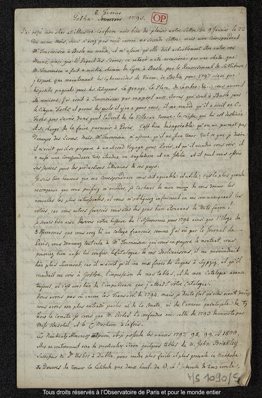 Lettre du baron Franz Xaver von Zach à Joseph Jérôme Le françois de Lalande Gotha,6 février 1795