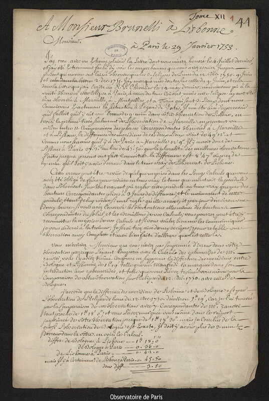 Lettre de Joseph-Nicolas Delisle à Jean Ange Brunelli, Paris, 29 janvier 1753