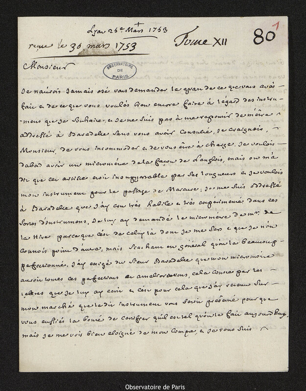 Lettre de Laurent Béraud à Joseph-Nicolas Delisle, Lyon, 25 mars 1753