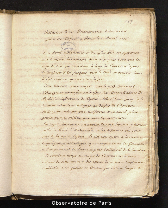 Relation d'un phénomène lumineux qui a été observé à Paris le 11 avril 1716