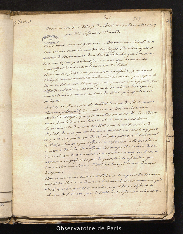 Observations de l'éclipse du Soleil du 30 décembre 1739 par Mrs Cassini et Maraldi