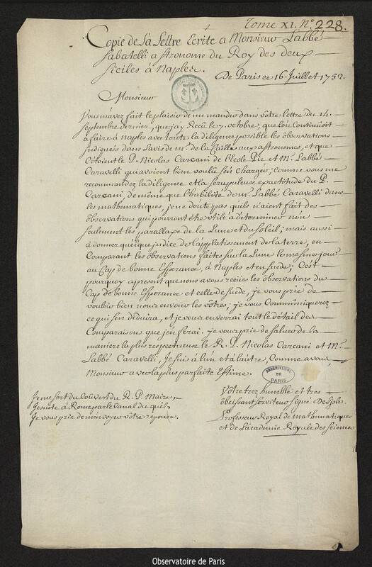 Lettre de Joseph-Nicolas Delisle à Felice Sabatelli, Paris, 16 juillet 1752