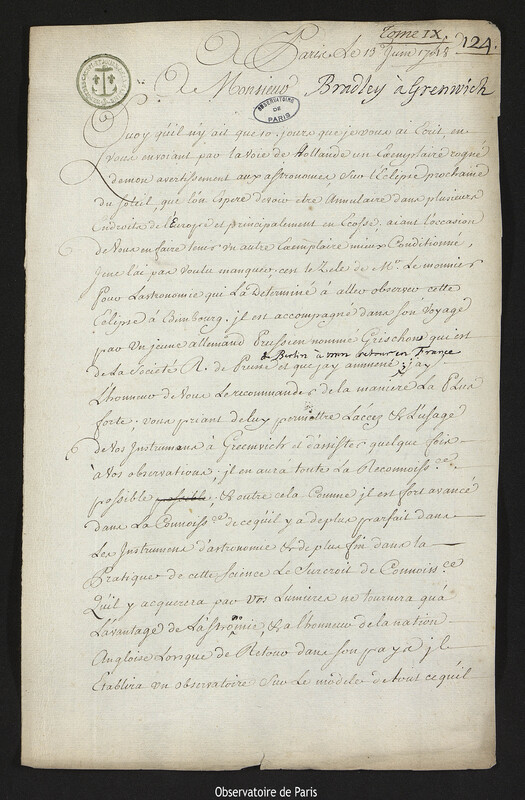 Lettre de Joseph-Nicolas Delisle à James Bradley, Paris, 13 juin 1748