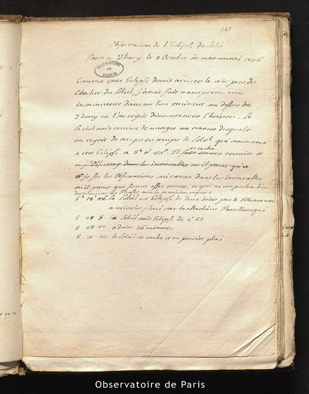 CASSINI II. Observations de l'éclipse du Soleil faite à Thury le 4 octobre 1736