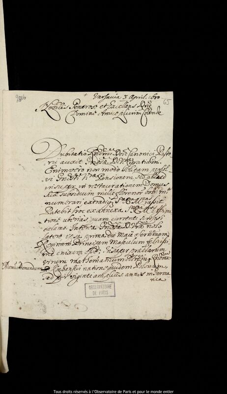 Lettre d'Adam Sarnowski à Jan Heweliusz, Varsovie, 3 avril 1680