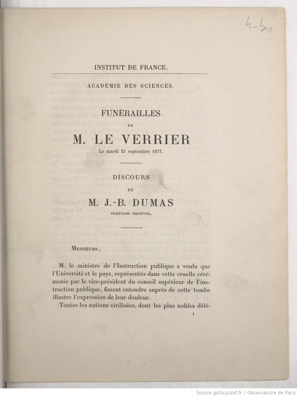 Funérailles de M. Le Verrier le mardi 25 septembre 1877