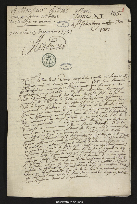 Lettre de Augustin Nathanael Grischow à Gibus, Saint-Pétersbourg, 20 novembre 1751