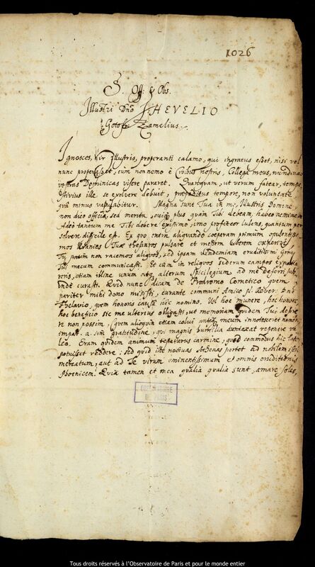 Lettre de Gottfried Zamel à Jan Heweliusz, Elblag, 27 août 1665