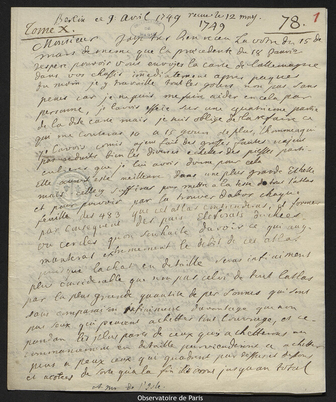 Lettre de comte Samuel de Schmettau à Joseph-Nicolas Delisle, Berlin, 9 avril 1749